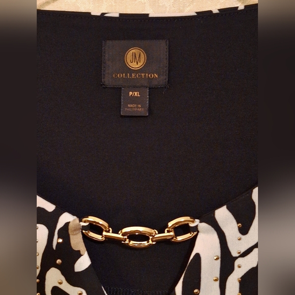 JM Collection black, tan & white teardrop swirl top, gold beads shirt Sz. PXL - Picture 6 of 6